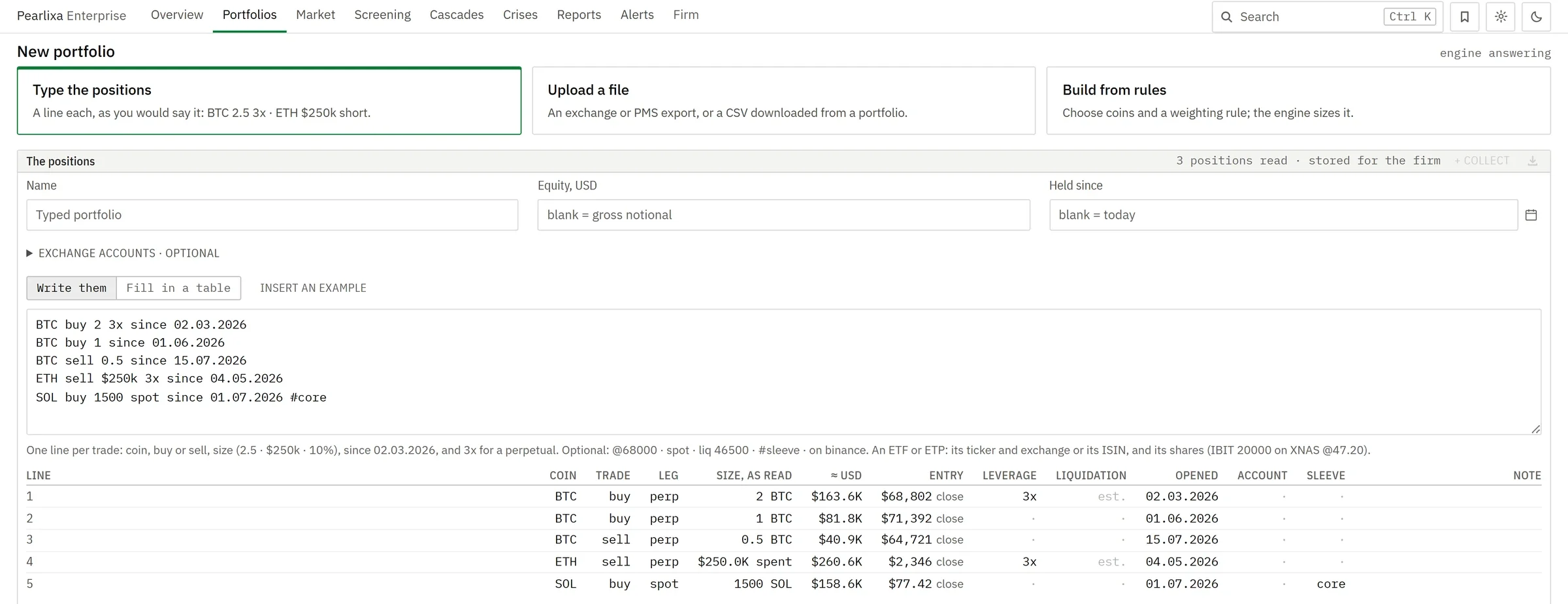 Position import in Pearlixa Enterprise: five positions entered as text, and the table showing how each was read, with asset, side, instrument, size, entry price, leverage and date.