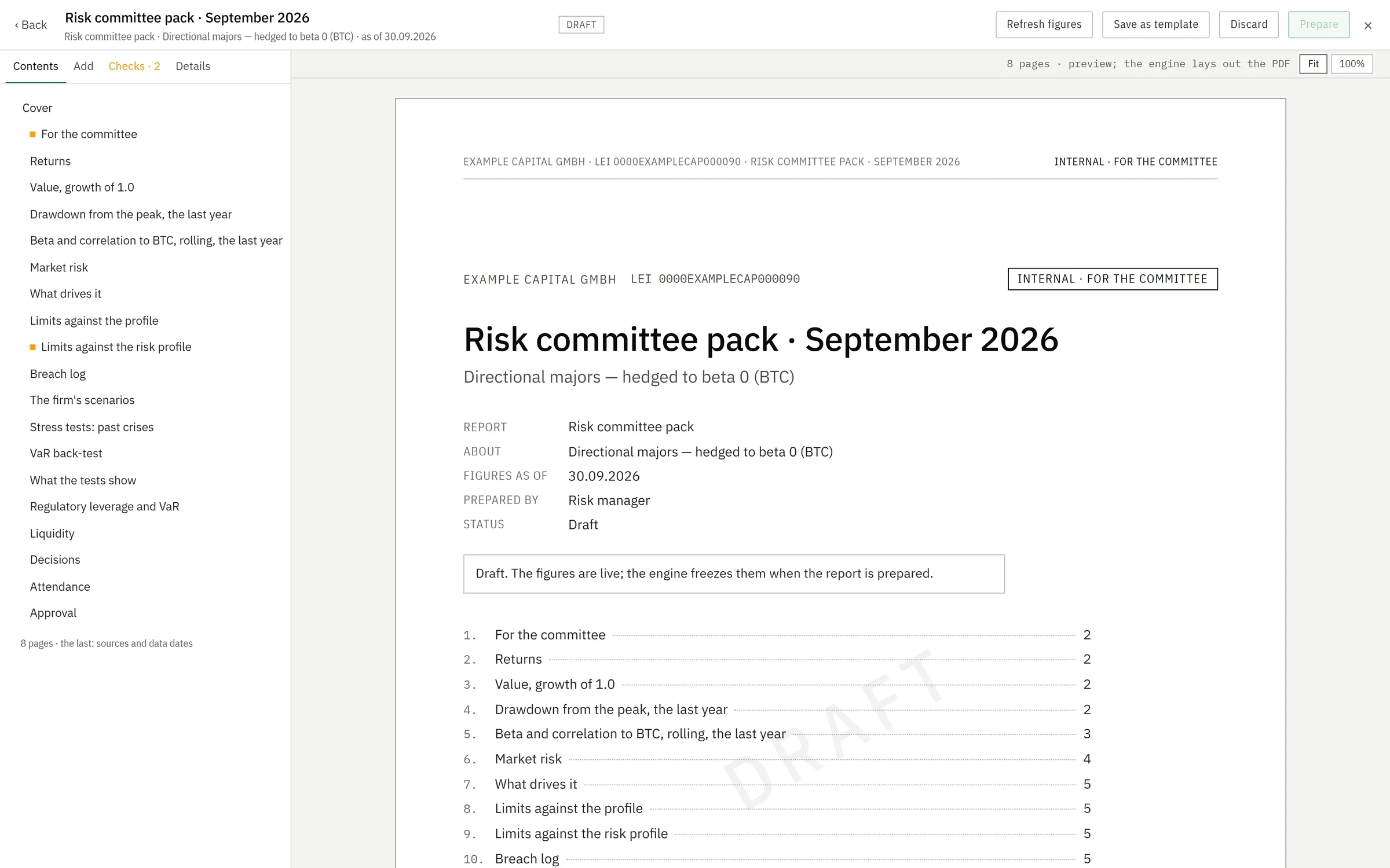 A risk committee pack in Pearlixa Enterprise: its contents on the left and the cover page with the report's sections.