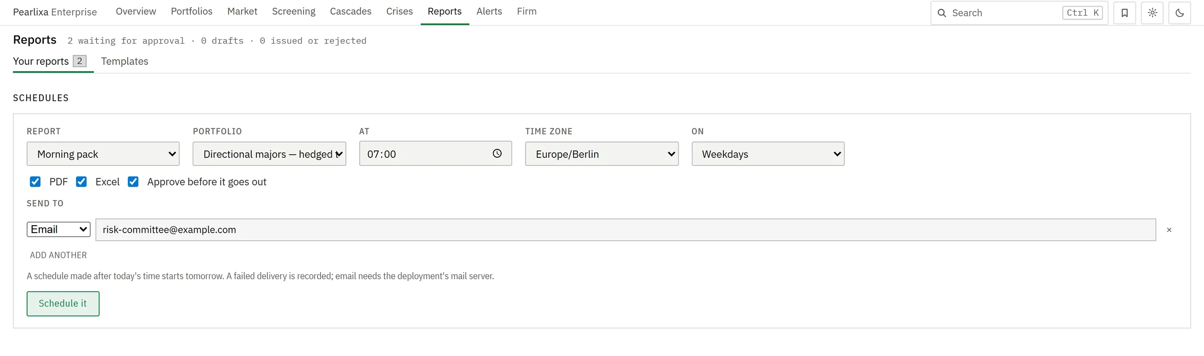 A morning pack scheduled for weekdays at seven, sent as PDF and Excel once approved.