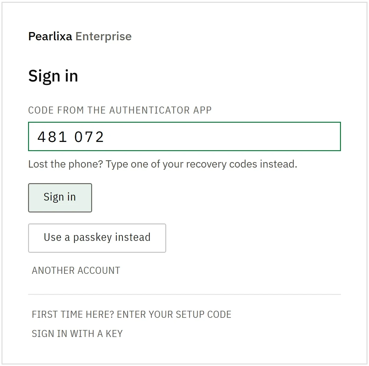 The Pearlixa Enterprise sign-in: the code from the authenticator app, or a passkey instead.