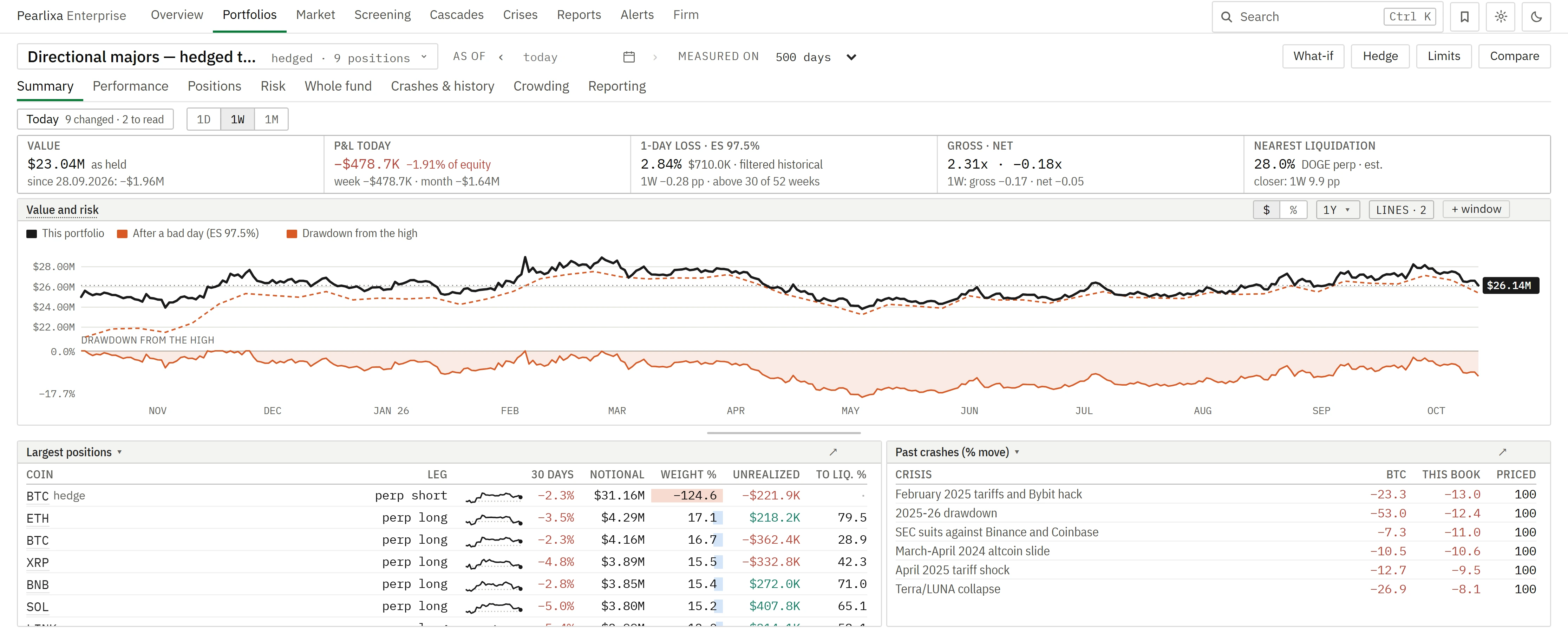 The Summary page of Pearlixa Enterprise for a hedged demo portfolio: value, P&L, one-day loss, gross and net, nearest liquidation, the value and risk chart, largest positions and past crashes.